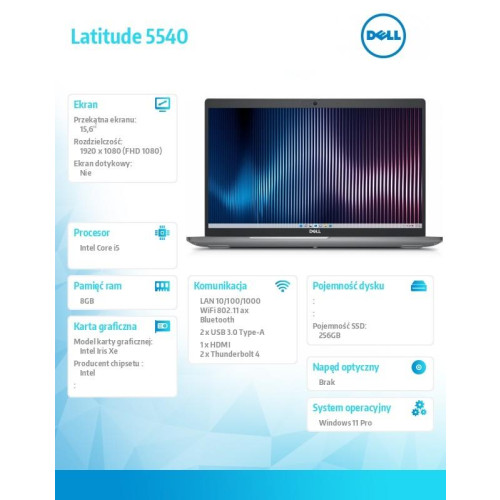 Notebook Latitude 5540 Win11Pro i5-1335U/8GB/256GB SSD/15.6 FHD/Integrated/FgrPr & SmtCd/FHD/IR Cam/Mic/WLAN + BT/Backlit Kb/3 Cell/3YPS-9200371