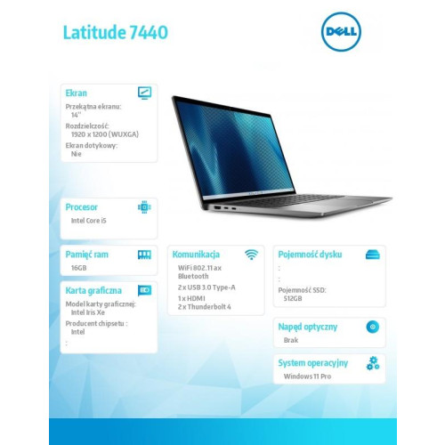 Notebook Latitude 7440 Win11Pro i5-1335U/16GB/512GB SSD/14.0 FHD/Intel Iris Xe/ThBlt&FgrPr&SmtCd/FHD/IRCam/Mic/WLAN+BT/Backlit Kb/3Cell/3YPS Aluminium-9200685