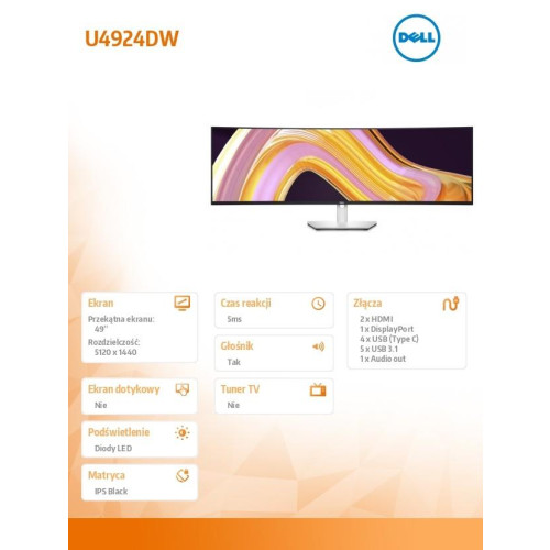 Monitor UltraSharp 49 cali U4924DW LED 5K 32:9 QHD/DP/HDMI/5xUSB -9201404