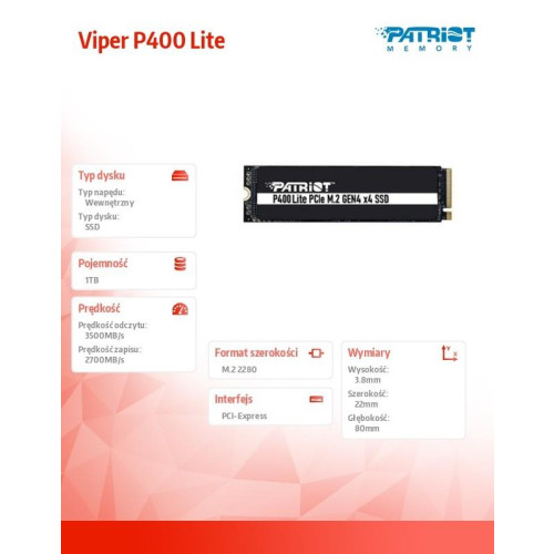 Dysk SSD 1TB Viper P400 Lite 3500/2700MB/s PCIe M.2 Gen 4x4 NVMe1.4-9205560