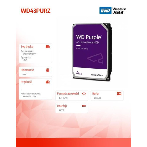 Dysk twardy WD Purple 4TB 3,5 256 MB 5400RPM WD43PURZ-9207413