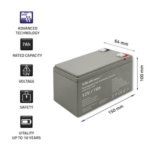 QOLTEC AKUMULATOR AGM 12V | 7AH | MAX. 105A | SECURITY-9250962