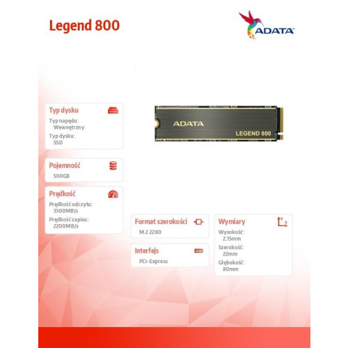 Dysk SSD Legend 800 500GB PCIe 4x4 3.5/2.2 GB/s M2-9253587