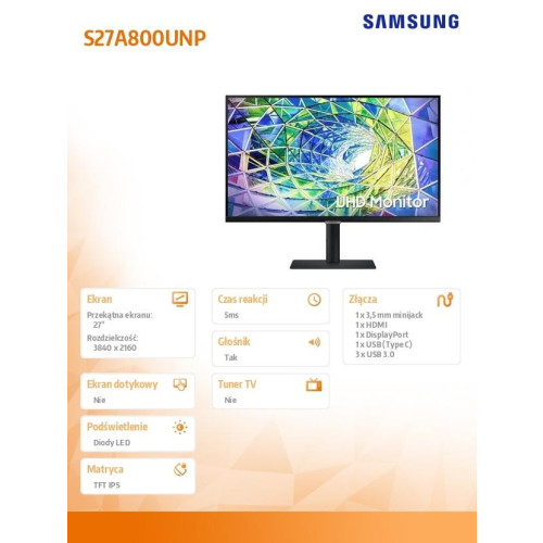 Monitor 27 cali LS27A800UNPXEN IPS 3840x2160 UHD 16:9 1xHDMI 1xUSB-C (90W) 1xDP 3xUSB 3.0 5ms HAS+PIVOT głośniki płaski 3 lata on-site-9253713