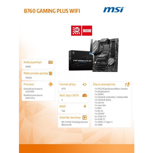 Płyta główna B760 GAMING PLUS WIFI s1700 4DDR5 DP/HDMI ATX -9255277