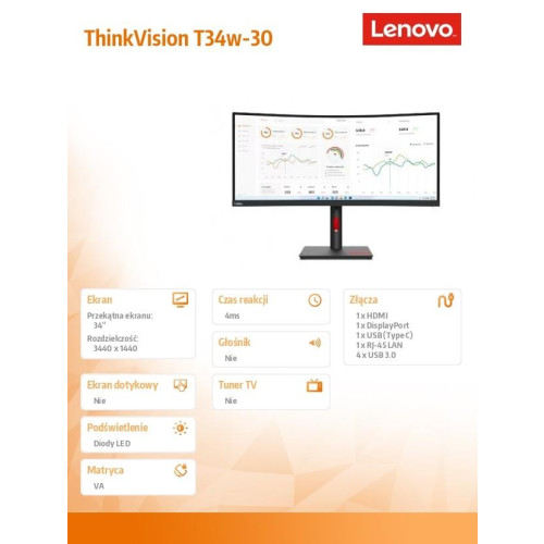 Monitor 34 cale ThinkVision T34w-30 WLED LCD 63D4GAT1EU -9366946