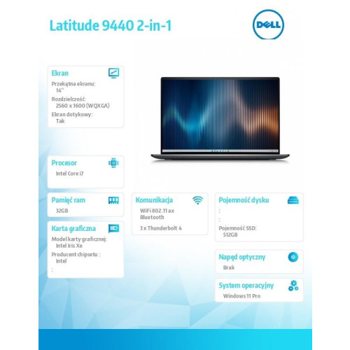 Notebook Latitude 9440 2in1 Win11Pro i7-1365U/32GB/512GB SSD/2in1 14.0 QHD+ Touch/Intel Iris Xe/FgrPr/IR Cam/Mic/WLAN + BT/Backlit Kb/3 Cell/3YPS-9368488