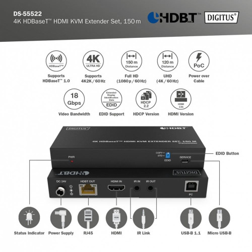 Przedłużacz/Extender HDMI 4K 60Hz 150m po skrętce Cat.6A/7/8 HDBaseT HDCP2.2 IR EDID PoC, zestaw -9369076