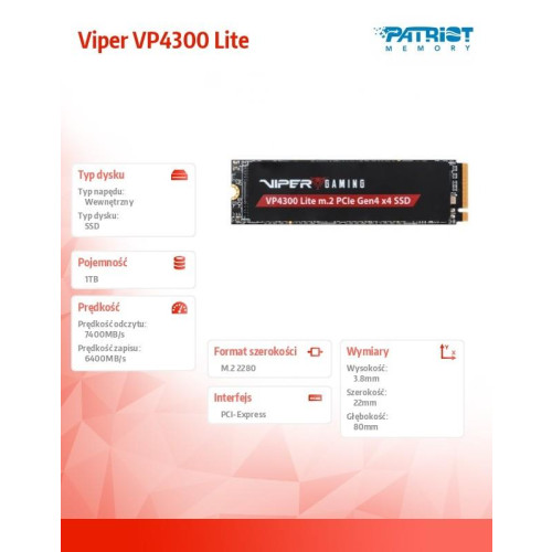 Dysk SSD 1TB Viper VP4300 Lite 7400/6400 M.2 PCIe Gen4x4 NVMe 2.0 PS5-9372071