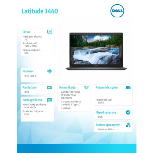Notebook Latitude 3440 Win11Pro i5-1335U/8GB/256GB SSD/14.0 FHD/Intel Iris Xe/FgrPr/FHD Cam/Mic/WLAN+BT/Backlit Kb/3 Cell/3YPS -9373589