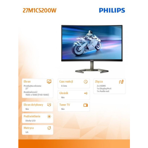 Monitor Philips Evnia 27M1C5200W Curved VA 27 cali 240Hz HDMIx2 DP HAS-9374927