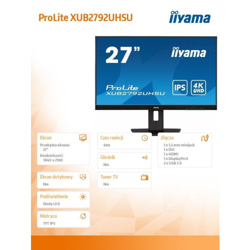 Monitor 27 cali XUB2792UHSU-B5 4K,IPS,DVI,DP,HDMI,PIP,250cd,USB3.0 -9375894