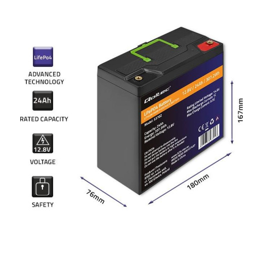 Akumulator LiFePO4 Litowo-Żelazowo-Fosforanowy | 12.8V | 24Ah | 307.2Wh | BMS -9376096
