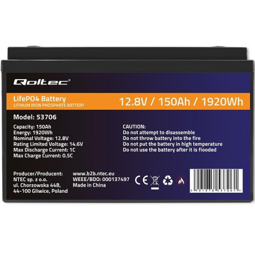 Akumulator LiFePO4 Litowo-Żelazowo-Fosforanowy | 12.8V | 150Ah | 1920Wh | BMS -9376122