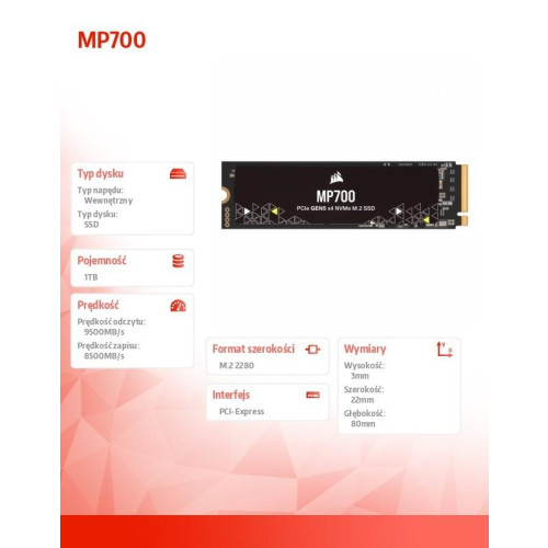 Dysk SSD 1TB MP700 Series 9500/8500 MB/s PCIe Gen 5.0 x4 NVMe 2.0-9376269