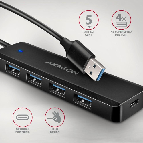 HUE-C1A 4-portowy hub USB 5Gbps Travel, USB-C power IN, kabel Type-A 19cm, USB-C dodatkowe zasilanie-9377481
