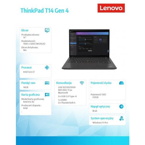 Ultrabook ThinkPad T14 G4 21HD0053PB W11Pro i7-1355U/16GB/512GB/INT/14.0 WUXGA/Thunder Black/3YRS Premier Support + CO2 Offset -9428369