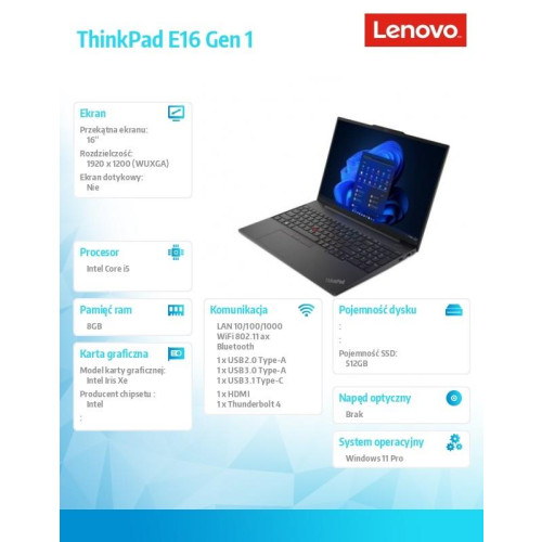 Laptop ThinkPad E16 G1 21JN005WPB W11Pro i5-1335U/8GB/512GB/INT/16.0 WUXGA/Graphite Black/1YR Premier Support + 3YRS OS -9428893