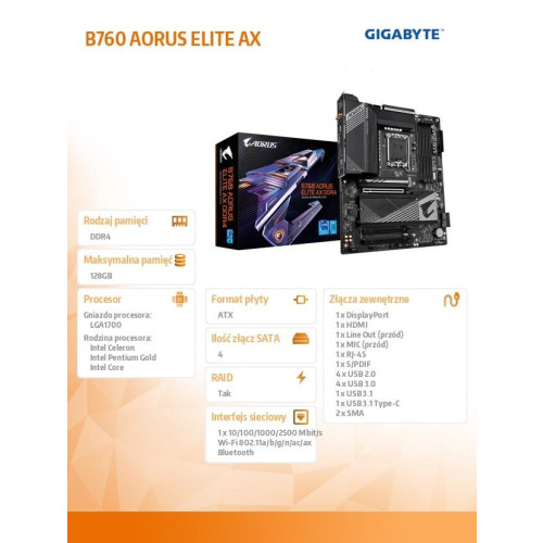 Płyta główna B760 AORUS ELITE AX s1700 4DDR5 DP/HDMI ATX -9429864