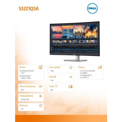 Monitor zakrzywiony 31.5 cala S3221QSA VA 4K (3840x2160)/16:9/HDMI/DP/USB/ /Speakers/3Y -9518288