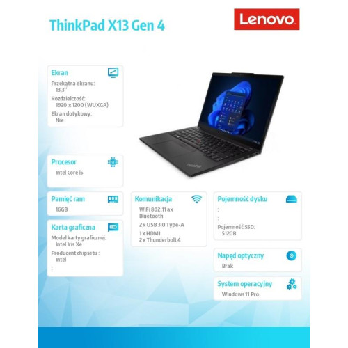 Ultrabook ThinkPad X13 G4 21EX002TPB W11Pro i5-1335U/16GB/512GB/INT/13.3 WUXGA/Deep Black/3YRS Premier Support + CO2 Offset -9518506