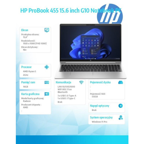 Notebook ProBook 455 G10 R5-7530U 512GB/16GB/W11P/15.6 85D56EA-9519389