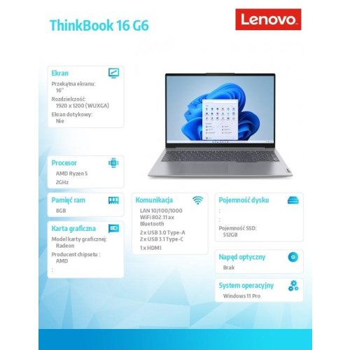 Laptop ThinkBook 16 G6 21KK002EPB W11Pro 7530U/8GB/512GB/INT/16.0WUXGA/Arctic Grey/3YRS OS + CO2 Offset -9519510