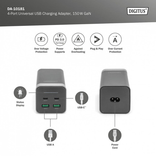 Ładowarka sieciowa uniwersalna, zasilacz GaN, 4 porty 2x USB-C 2x USB-A PD 3.0 150W Czarna-9519724