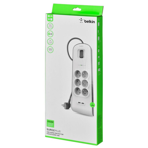 Listwa zasilająca Belkin Power Surge 6-PORT + 2xUSB-A 2.4A 650J 2m Grey/White-9794706