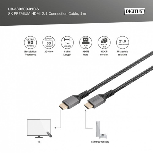 Kabel Premium połączeniowy HDMI 2.1 Ultra HighSpeed 8K60Hz UHD Typ HDMI A/A M/M 1m Czarny -9805681