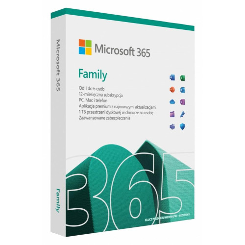 365 Family PL P10 1Y 6Users Win/Mac Medialess Box 6GQ-01940 Zastępuje P/N:6GQ-01593 -9809435