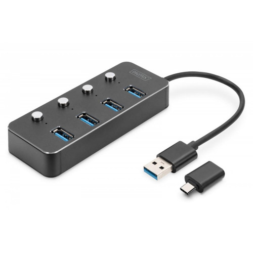 Hub USB 3.0/Koncentrator 4-portowy USB A + adapter USB-C 5Gbps z wyłącznikami, aluminiowy, pasywny-9809459