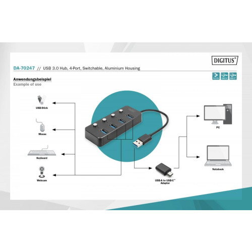 Hub USB 3.0/Koncentrator 4-portowy USB A + adapter USB-C 5Gbps z wyłącznikami, aluminiowy, pasywny-9809463