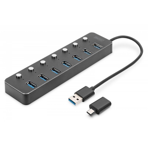 Hub USB 3.0/Koncentrator 7-portowy USB A + adapter USB-C 5Gbps z wyłącznikami, aluminiowy, aktywny -9809465