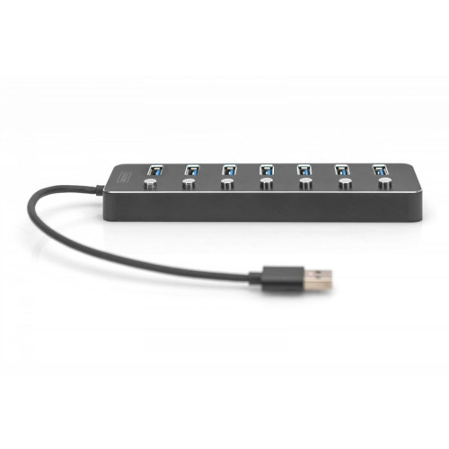 Hub USB 3.0/Koncentrator 7-portowy USB A + adapter USB-C 5Gbps z wyłącznikami, aluminiowy, aktywny -9809466