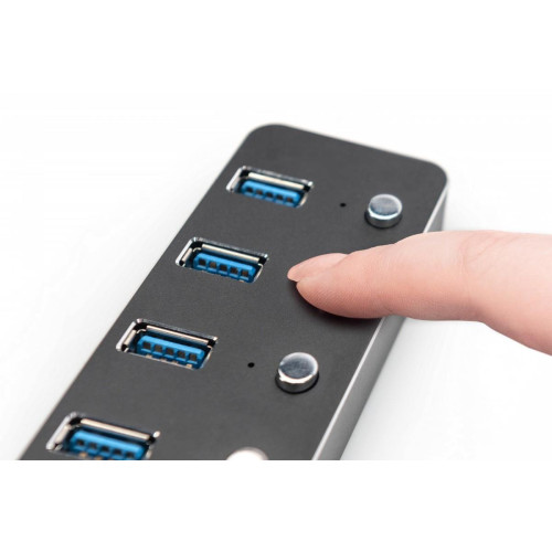 Hub USB 3.0/Koncentrator 7-portowy USB A + adapter USB-C 5Gbps z wyłącznikami, aluminiowy, aktywny -9809469