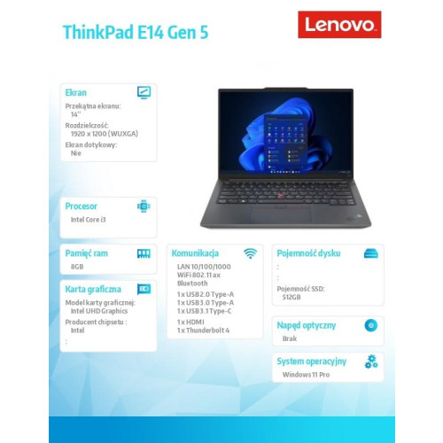 Laptop ThinkPad E14 G5 21JK0083PB W11Pro i3-1315U/8GB/512GB/INT/14.0 WUXGA/Graphite Black/1YR Premier Support + 3YRS OS -9812072