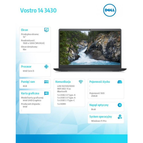 Notebook Vostro 14 (3430) Win11Pro i5-1335U/8GB/256GB SSD/14.0 FHD/Intel UHD/FgrPr/Cam & Mic/WLAN + BT/Backlit Kb/3 Cell/3YPS -9812541