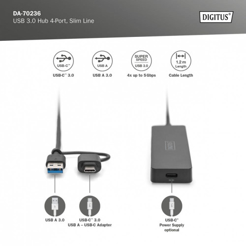 Hub USB 3.0/Koncentrator 4-portowy SlimLine USB A + adapter USB-C 1,2m 5Gbps, złącze zasilania USB-C-9812918