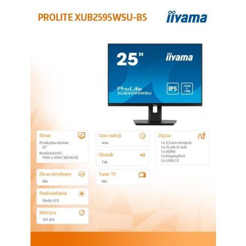 Monitor 25 cali XUB2595WSU-B5 IPS.PIVOT.16:10.USB.DP.HDMI.VGA.2x2W. 300(cd/m2).HAS(150mm) -9814049