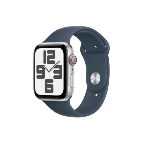 Watch SE GPS + Cellular, 44mm Koperta z aluminium w kolorze srebrnym z paskiem sportowym w kolorze sztormowego błękitu -