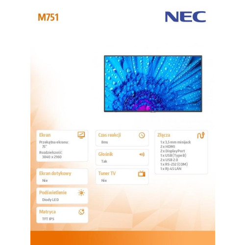 Monitor wielkoformatowy MultiSync M751 75 cali UHD 24/7 500cd/m2 -9818297
