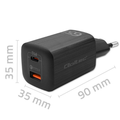 Ładowarka sieciowa 65W GaN ULTRA | 5-20V | 2.25-3.25A | 1 x USB typ C PD | 1 x USB | Czarna -9819562