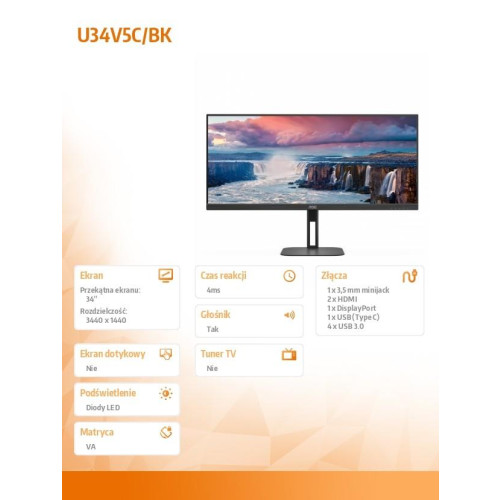 Monitor U34V5C 34 cale VA 100Hz HDMI DP USB-C HAS -9819685