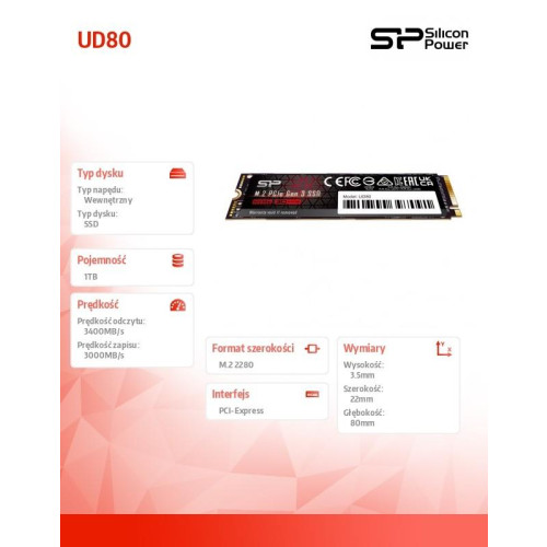 Dysk SSD UD80 1TB PCIe M.2 2280 Gen 3x4 3400/3000 MB/s-9820929