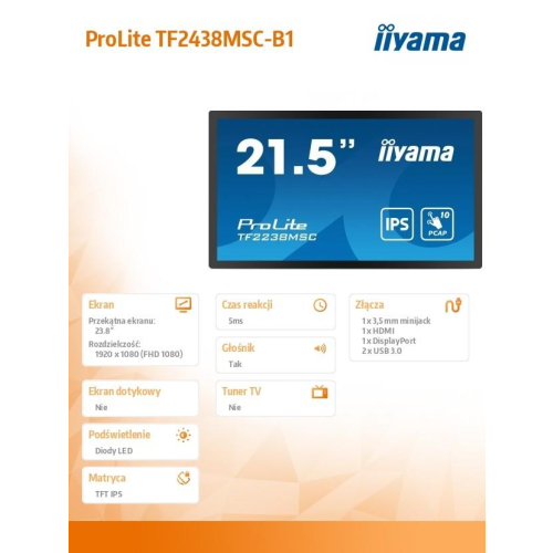 Monitor wielkoformatowy 23.8 cala TF2438MSC-B1 IPS,FHD,DP,HDMI,2x2W,2xUSB,600(cd/m2), 10pkt.7H,IP1X(Front),Pion/Poziom