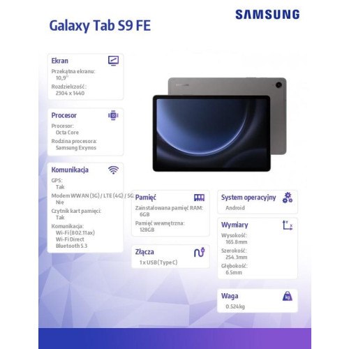 Tablet Galaxy Tab S9 FE X510 10.9 cali Wifi 6/128 GB szary-9825254