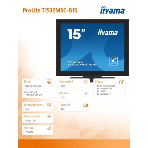 Monitor 15 cali T1532MSC-B1S POJ.10PKT.IP54,HDMI,DP,VGA,2x1W-9825840