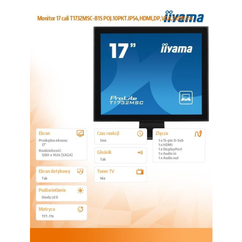 Monitor 17 cali T1732MSC-B1S POJ.10PKT.IP54,HDMI,DP,VGA,2x1W,5:4-9825889