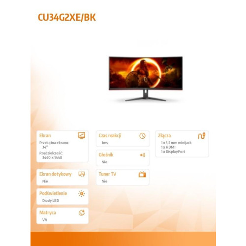 Monitor 34 cale CU34G2XE 34 cale VA Zakrzywiony 144Hz HDMI DP-9826970